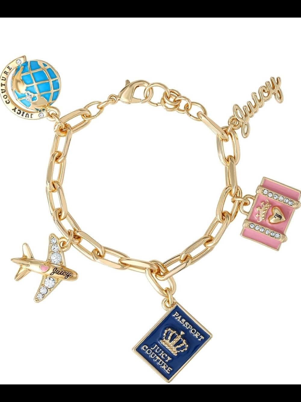 Juicy Couture Gold Travel Charm Bracelet with Blue and Pink Enamel